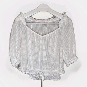 Free People Top SZ LG White Dorothy Puff Sleeve Peasant Sheer Tie Cottage Ruffle